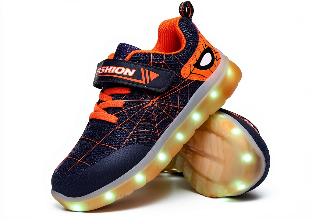 LED light up kids shoes showing spider design and vibrant colors