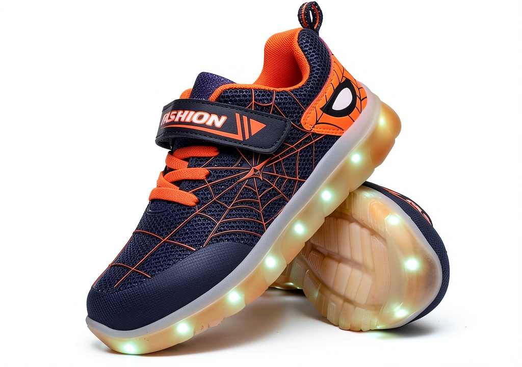 Installing Pavo Kids LED Light Up Sneakers Rechargeable Spider Design on a wooden desk