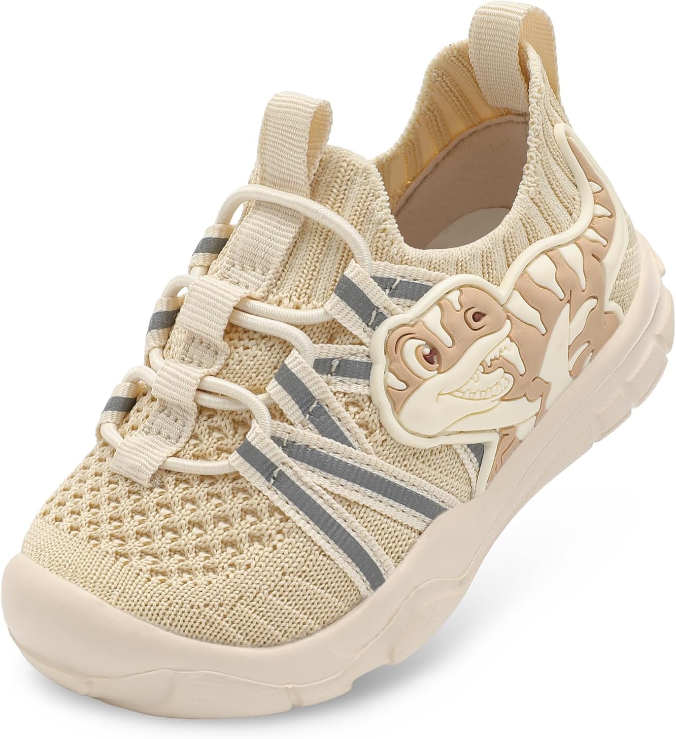 Dinosaur toddler sneakers showing reflective stripes and knit upper