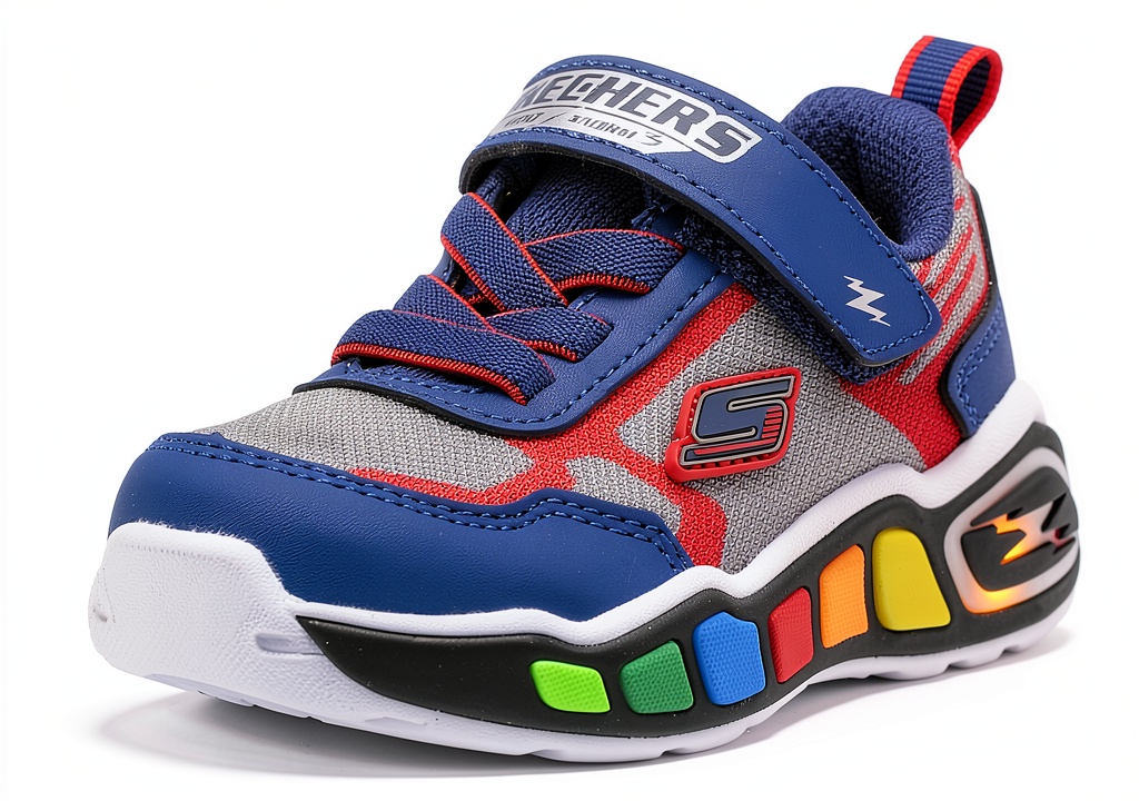 Installing Skechers Boys Walking Shoes Navy/Red 10 Toddler on a wooden floor