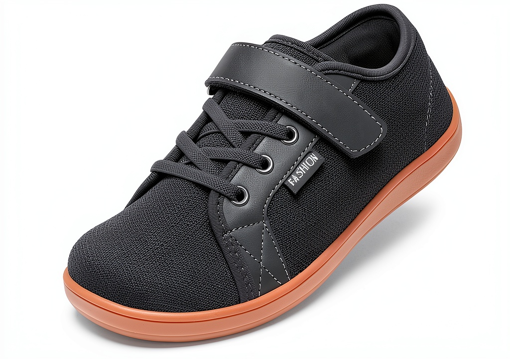 Installing Kids Barefoot Walking Shoes Wide Toe Lightweight Breathable Athletic on a wooden desk